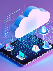 A 3D isometric illustration of cloud computing network with a blueprint design, showing a connected city with homes and businesses linked by technology symbols