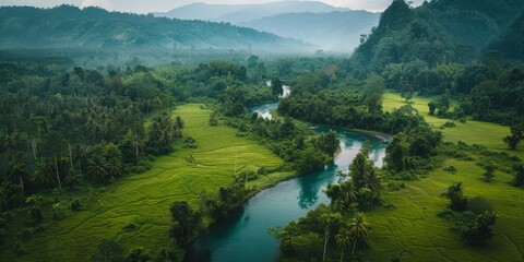 Aerial View of a Serene River Winding Through Lush Green Landscape