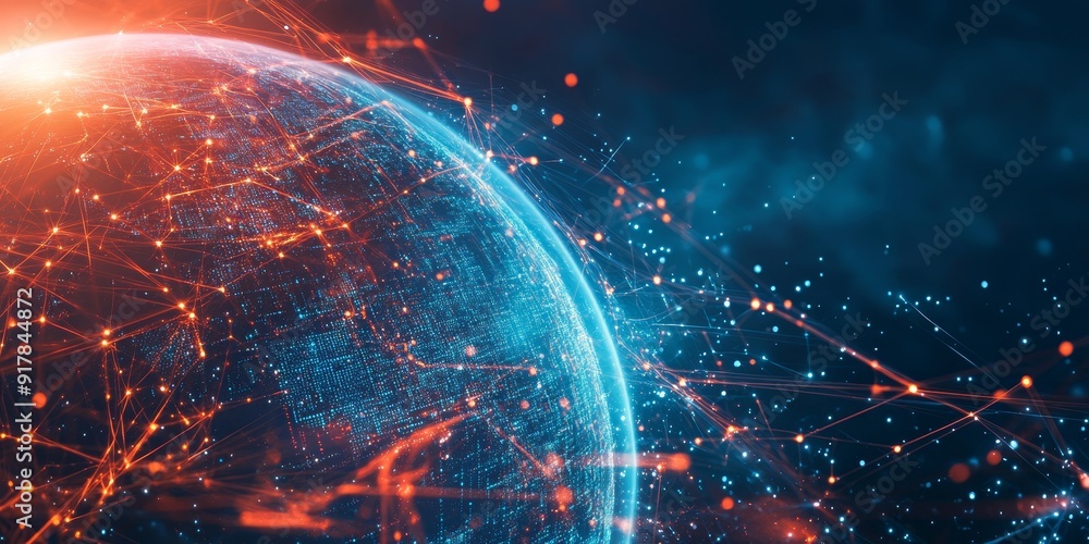 Poster illustration of a globe with a web of glowing, interwoven lines wrapped around it, representing the 