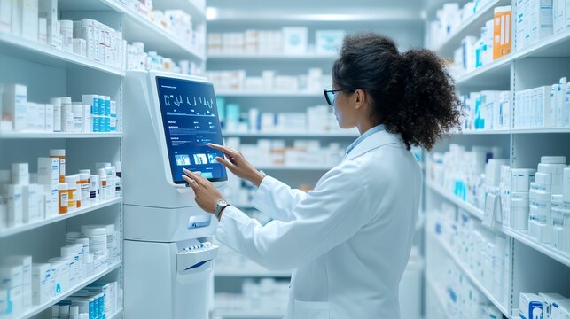 A futuristic pharmacy with AIpowered medication dispensers and virtual consultation screens, future healthcare, pharmacy innovation