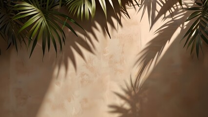 Beautiful texture of beige brown luxury, smooth stucco wall with soft foliage dappled light of tropical tree leaf shadow for cosmetic, skincare, fashion, beauty treatment product display background ..