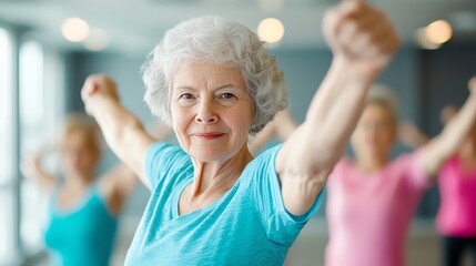 Senior citizens engaging in a group exercise class at a wellness center, promoting active aging, senior healthcare, wellness