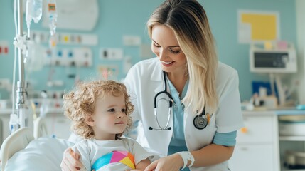 Fototapeta premium Pediatric nurse comforting a child with a colorful bandage in a playful hospital room, pediatric care, child healthcare