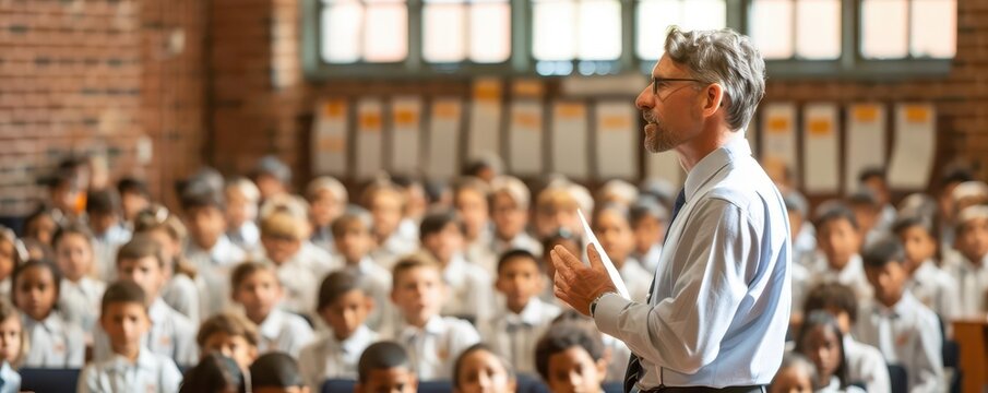 School assembly with a guest speaker on voting, school, inspirational talk