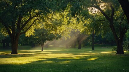 Obraz premium Gentle morning light streaming through the trees in a peaceful park, casting a serene glow over the quiet surroundings.