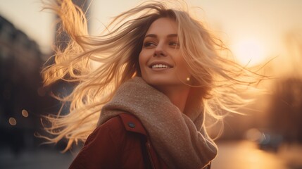Fototapeta premium Happy Woman Enjoying Sunset Outdoors - Beautiful Blonde Laughing in Autumn, Wearing Scarf and Jacket