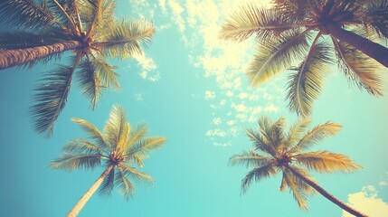 looking up at blue sky and palm trees view from below vintage style tropical beach and summer background travel concept