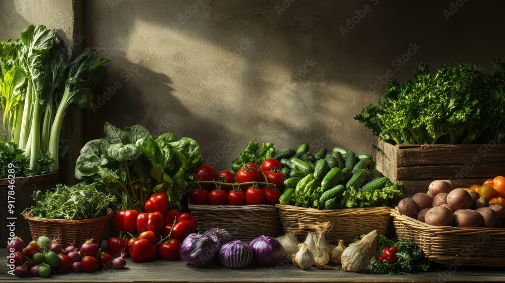 Poster fresh produce displayed in rustic baskets and wooden crate