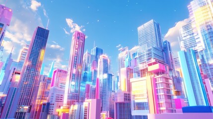 Colorful Cityscape with Glassy Skyscrapers and Blue Sky