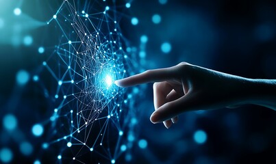 A finger touches a glowing blue network of points and lines, representing technology, connection, and the digital world.