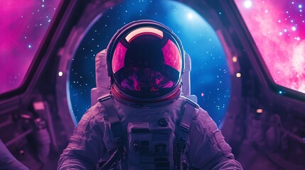 The astronaut is looking at the huge illuminator and an unknown spaceship interior at an empty galaxy