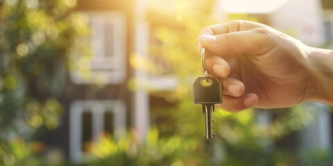 Hand holding a sleek house key with a soft-focus background of a contemporary home, symbolizing the thrill and satisfaction of moving into a new residence