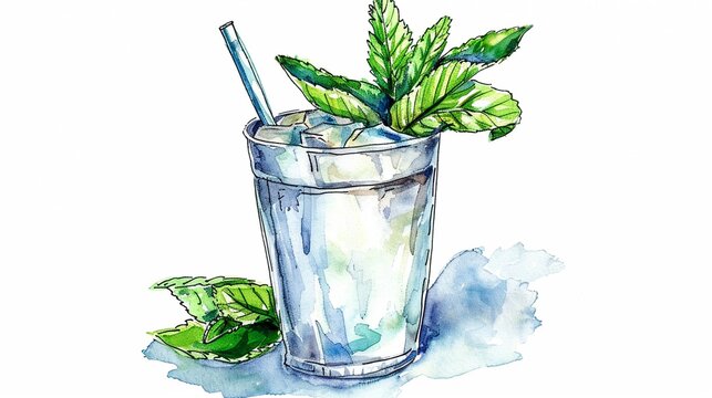 Mint julep glass with a mint sprig,Clipart, watercolor illustration, Perfect for nursery art The style is hand  drawn, white background