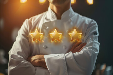 Chef standing with arms crossed and five star symbol - restaurant industry excellence