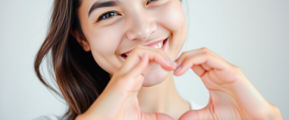 Close-up of a woman's face, smiling and making a heart shape with her hands