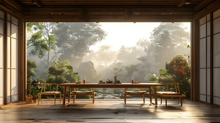 Fototapeta premium Japanese style house interior, dining room background frame mockup, 3d render