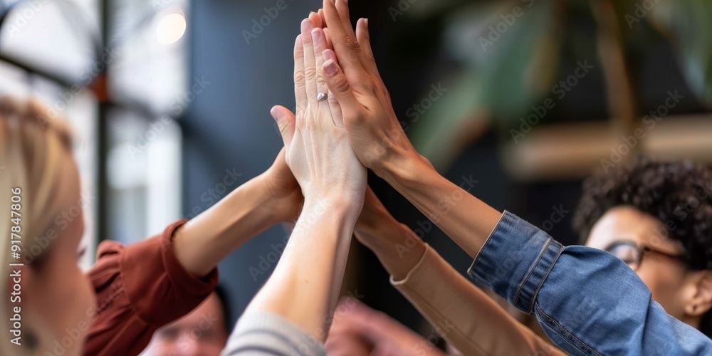 Poster Close-up of a diverse team high-fiving each other after a successful meeting, illustrating the positive outcomes of inclusivity and teamwork in achieving objectives