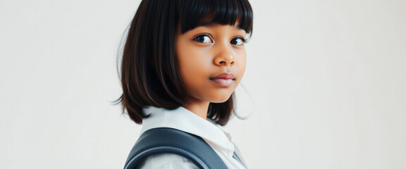 Fototapeta premium Portrait of a young girl in a white shirt and a black backpack