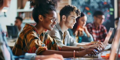 Obraz premium Group of employees from different cultures and genders working collaboratively at a desk, emphasizing the benefits of inclusivity and teamwork in driving innovation