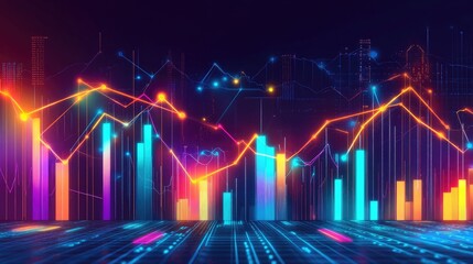 Abstract depiction of financial graphs and charts in neon colors