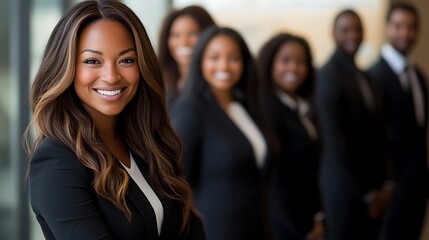 Confident Businesswoman Smiling in Front of a Diverse Team of Professionals