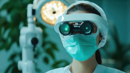 A focused medical professional wearing advanced optical equipment and protective gear in a clinical environment.