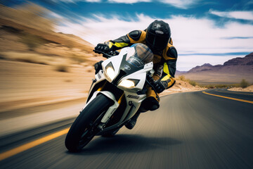 Obraz premium Motorcycle racer speeding on desert road