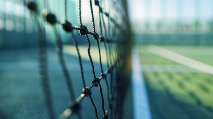 Impeccable tennis court close up displaying quality surface and net in pristine condition