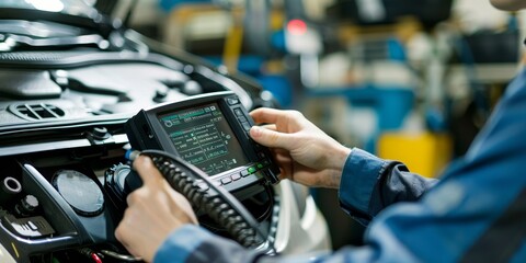 A professional in a workshop using a scanner to check a car's onboard diagnostics, focusing on electronic systems and ensuring optimal performance and safety