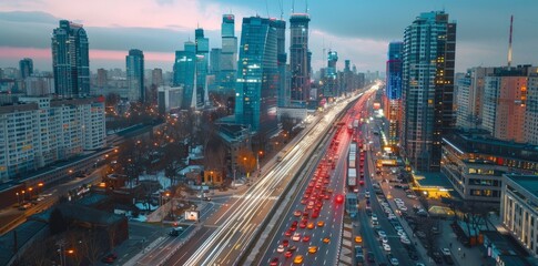 Obraz premium Cityscape at Sunset with Traffic