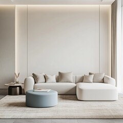 A white living room with a couch, ottoman, and a coffee table