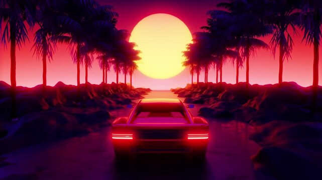 Testarossa, Palm Tree and Sunset, 80's Retrowave Background