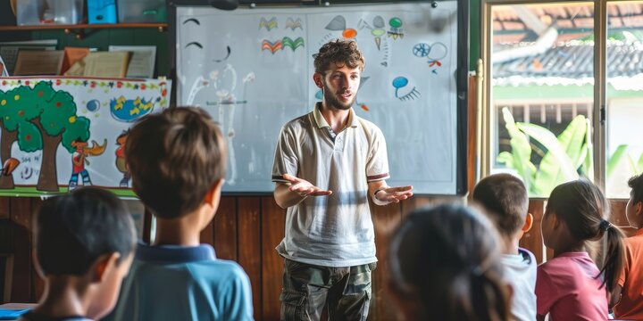 An international school teacher conducting a multicultural lesson with interactive activities, promoting understanding and appreciation of global traditions and values - Powered by Adobe