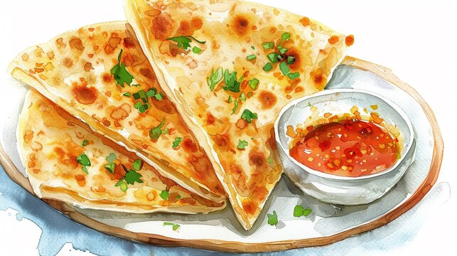 Mataba (Thai stuffed flatbread) with a spicy dipping sauce,Clipart, watercolor illustration, Perfect for nursery art The style is hand  drawn, white background