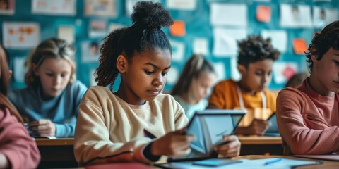 A multicultural classroom with students working on interactive digital devices, emphasizing the use of technology in international school education