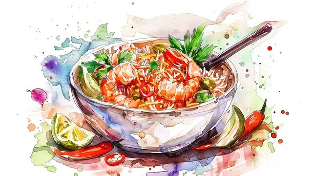 recommend clip art: Khao Pad Tom Yum (Thai tom yum fried rice) with shrimp and vegetables,Clipart, watercolor illustration, Perfect for nursery art The style is hand  drawn, white background