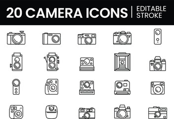 Collection of 20 Vintage and Modern Camera, DSLR, SLR, 360 Degree, Polaroid Camera Icons - Minimal Design with Editable Stroke