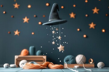 Naklejka premium Whimsical crafting scene with yarn and a floating witch hat among twinkling stars against a dark blue background.