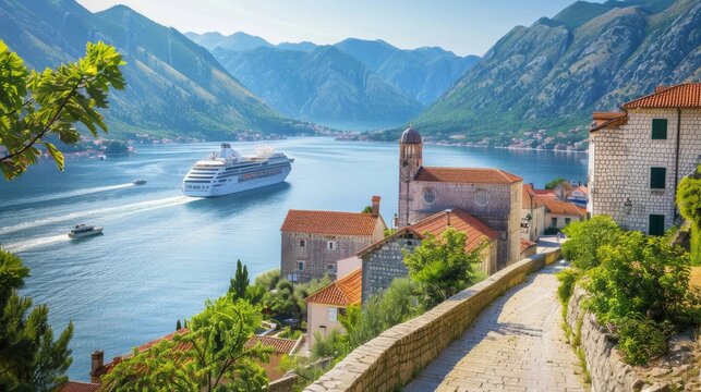 Stunning mediterranean landscape with cruise ship docked near the charming town of perast in kotor bay, boka kotorska, montenegro