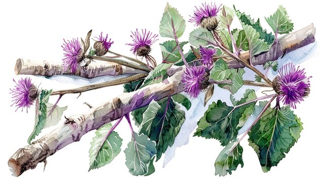 watercolor purple thistle flowers on birch branch clip art preview