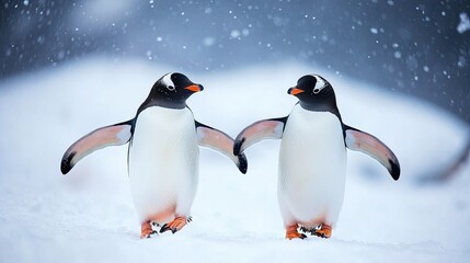 Obraz premium Two penguins side by side, their flippers almost touching, as they navigate a snowy wilderness.