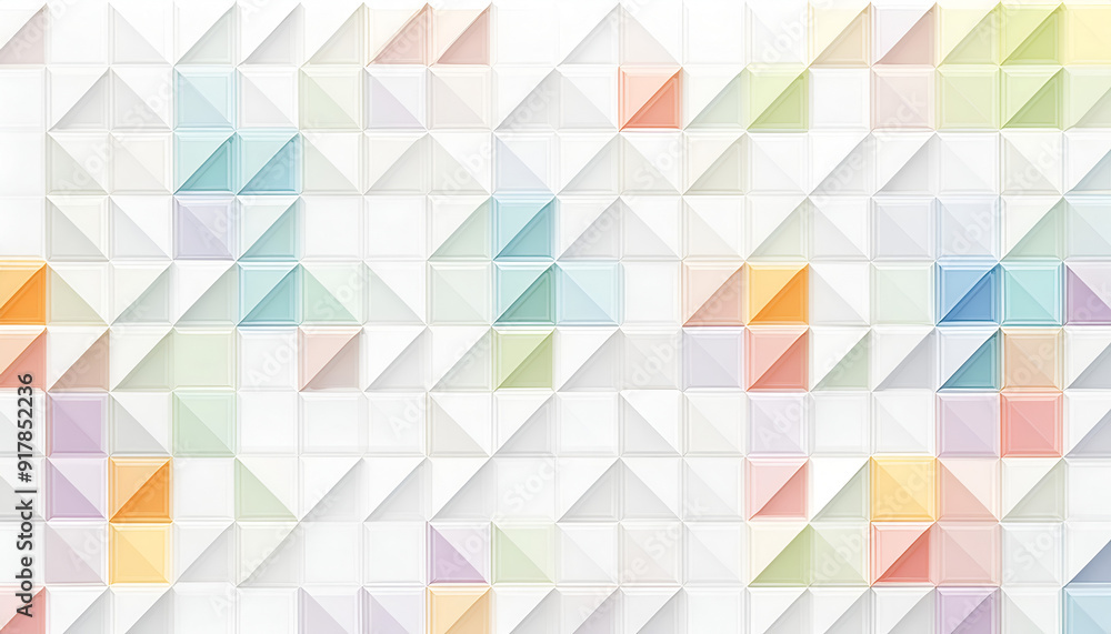 Poster colorful geometric patterns on a white background featuring triangular shapes and pastel hues
