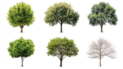 Fototapeta premium Various types of trees presented separately on a white background, each tree showcasing its distinct characteristics.
