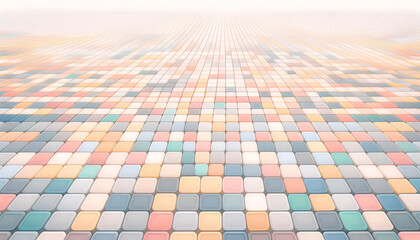 Colorful tiled floor in an open space during daylight, creating a visually striking pattern with soft pastel tones