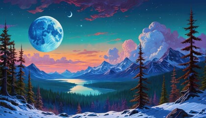 Fototapeta premium Blue Moon Over Snowy Mountain Landscape.
