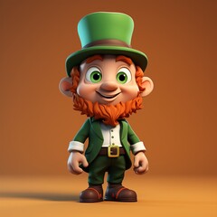 Charming Leprechaun Illustration in Green Suit with Top Hat and Orange Beard on Orange Background