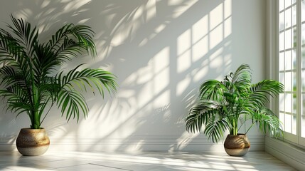 Fototapeta premium Sunlight Streaming Through Windows Onto Palm Trees in a Minimalist Interior.