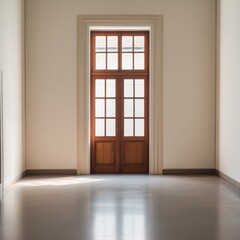 Fototapeta premium A large wooden door with white trim sits in a large, empty room