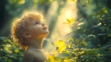 Fototapeta premium A curious child gazes upward in a sunlit forest, surrounded by lush greenery, evoking a sense of wonder and innocence.