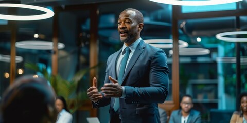 A confident business leader addressing a diverse team in a modern conference room, embodying dynamic leadership and strategic direction in a professional setting